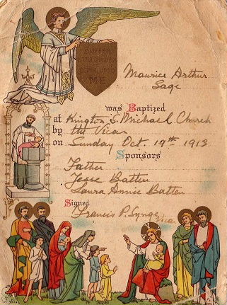 Baptism Certificate of Maurice Arthur Sage KSM Church