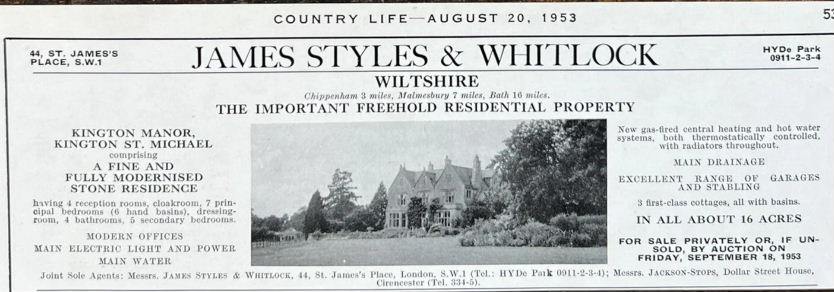 Kington Manor for sale notice 1953