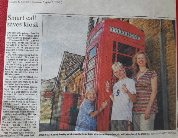 Photo of Gazette article about the listing of the phone box, August 2007